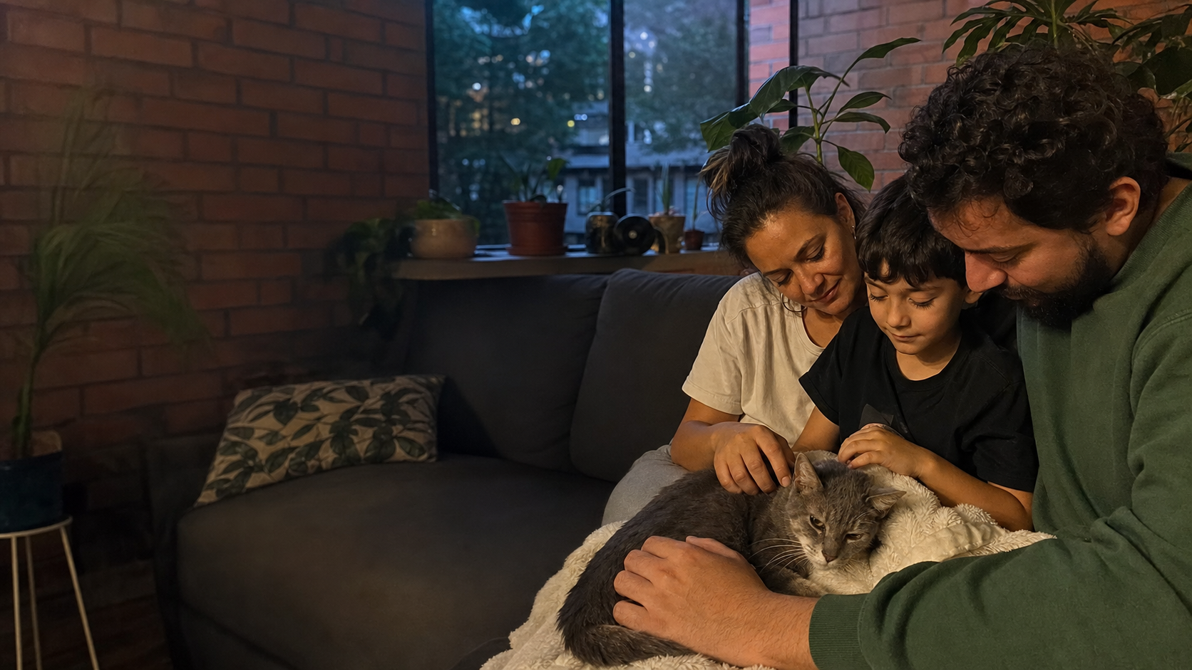 Familia acompañando a una gata mayor y enferma en un hogar de Caldas
