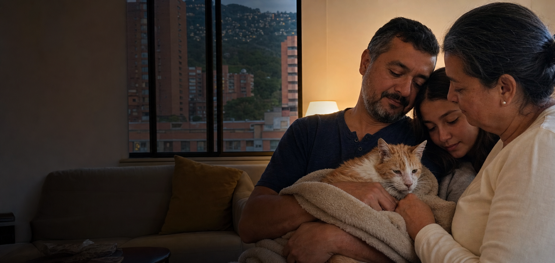 Familia acompañando a un gato mayor y delicado en casa en Medellín