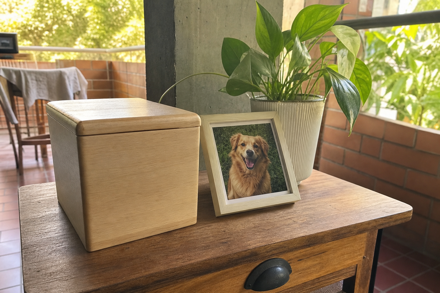 Cofre de recuerdo y fotografía de una mascota en un hogar de Medellín