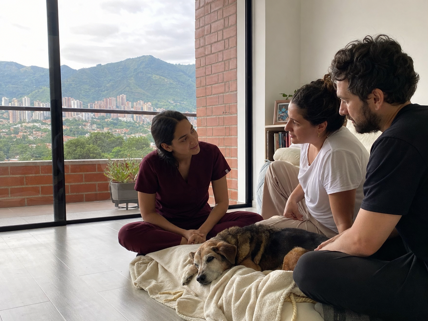 Médica veterinaria conversando con una familia junto a su perro mayor y enfermo en casa